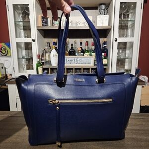 FURLA GINEVRA Saffiano Leather Logo Tote Bag Women Navy Blue Gold Large capacity